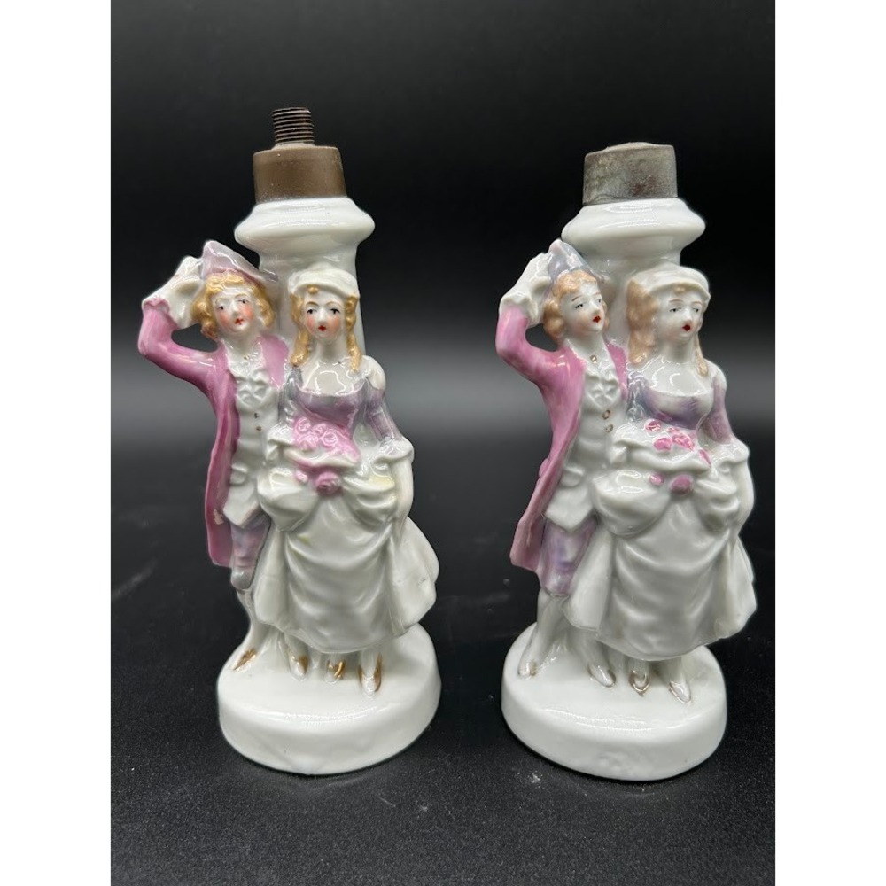 Vtg Germany Porcelain Lamp Base Pair Victorian Rococo‎ Couple Romantic Romance